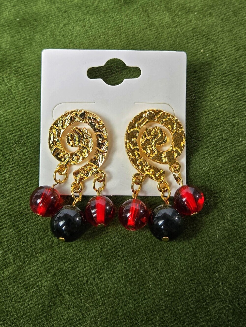 Gold Tone Spiral Drop Earrings with Red and Black Beads Stud Earrings